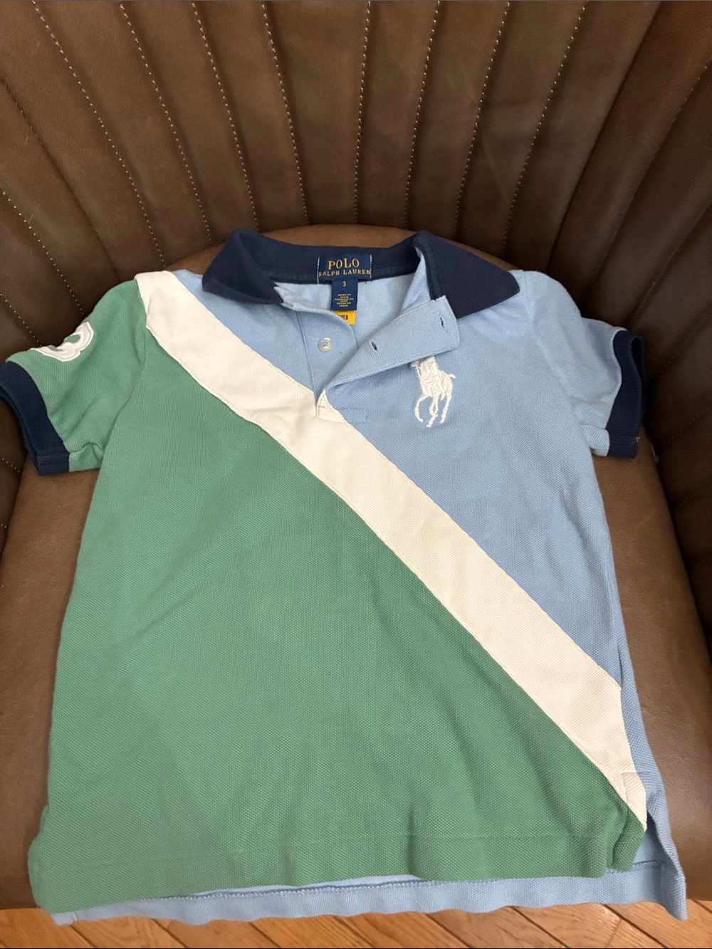 Polo by Ralph Lauren Blue, Green & White Diagonal Colorblock Polo